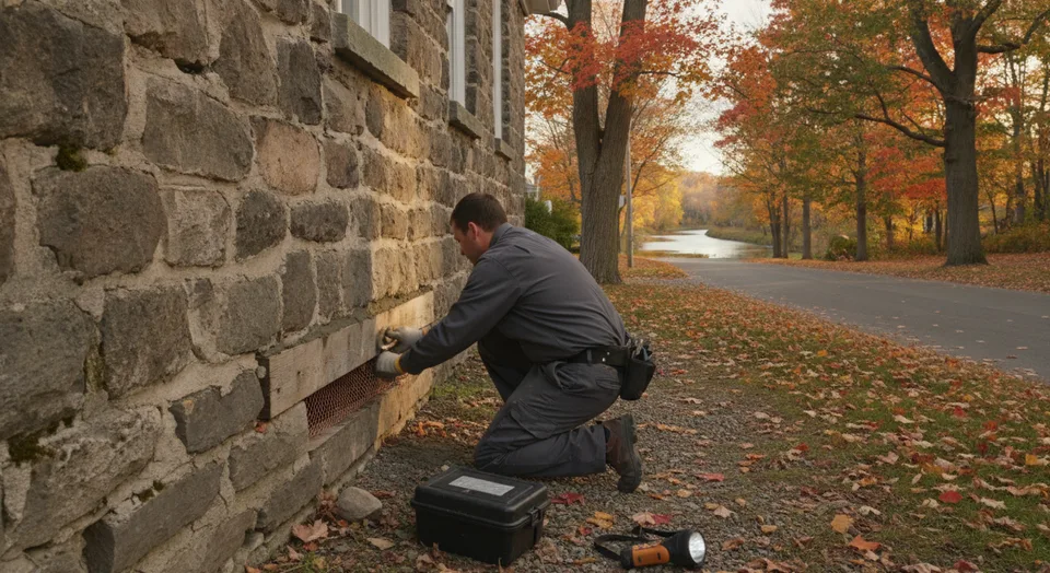 Pest control technician inspecting the rubble-stone foundation of a century limestone house near the Grand River in Cambridge, Ontario